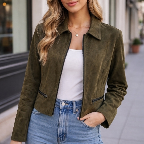 Suzannah James Jackets & Blazers - Suzannah James Olive Suede-Look Zip Jacket Size 16 Classic Structured Blazer